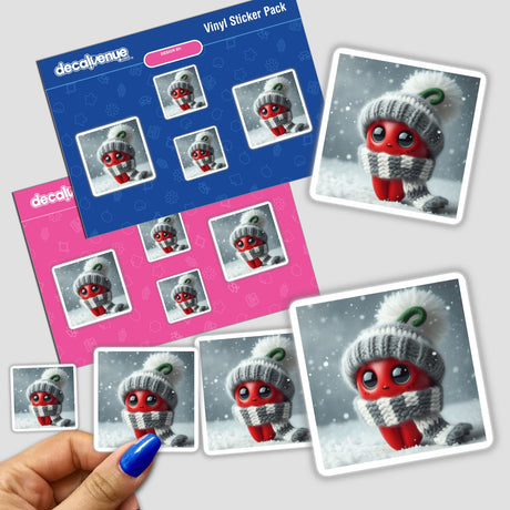 Chili Pepper stickers featuring a cartoon character with a knitted hat and scarf, available as vinyl stickers or digital artwork from Decal Venue.