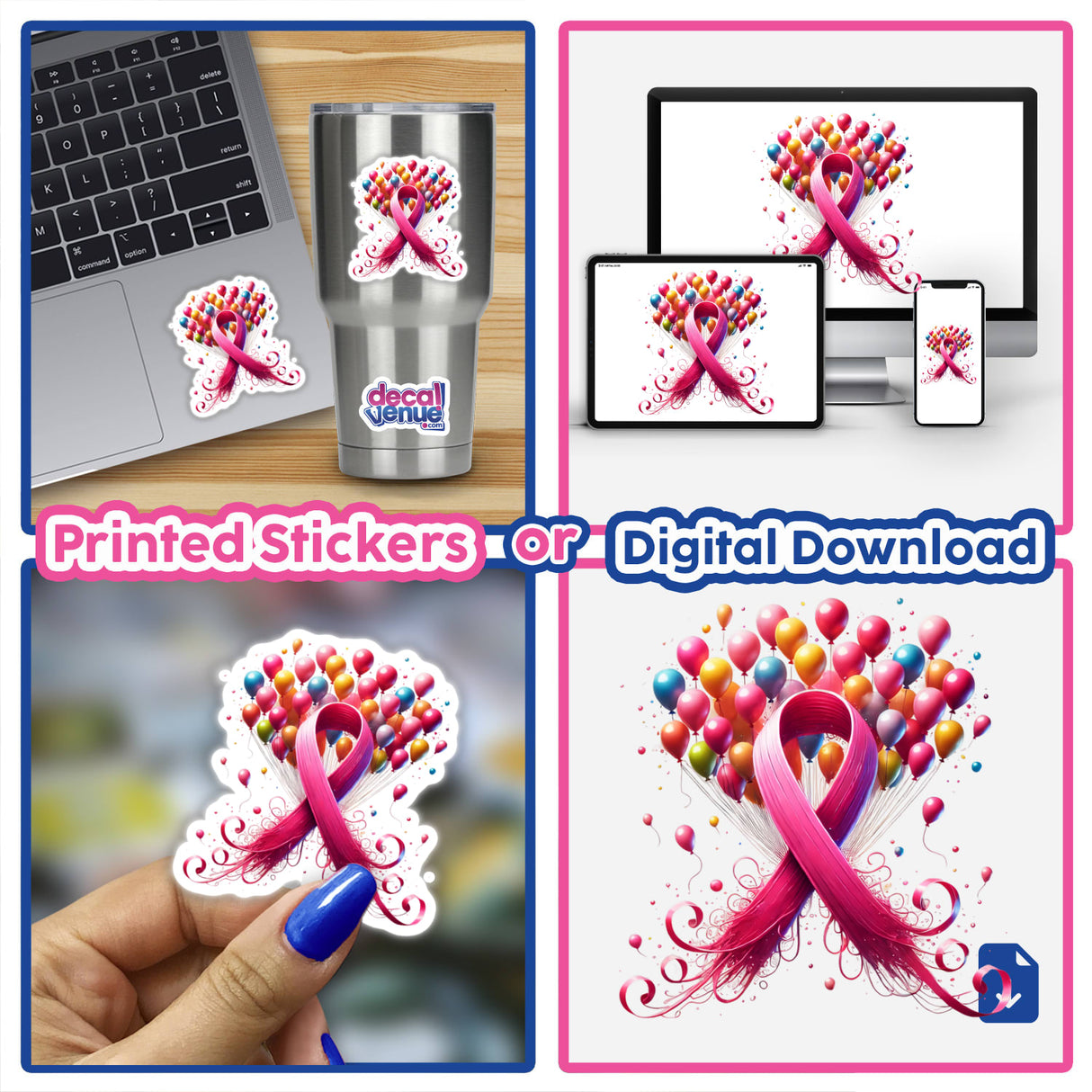 Collage featuring various pink ribbon designs with balloons for Breast Cancer awareness, available as stickers or digital artwork. Includes close-ups of stickers on fingernails, laptops, and phones.