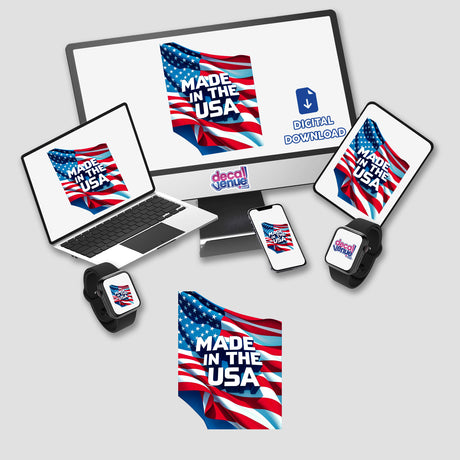 Made In The USA American Flag displayed on a laptop and monitor, showcasing its availability as stickers or digital artwork from Decal Venue, emphasizing unique sticker and digital art offerings.