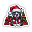 Christmas Scene Santa Pitbull Dog II: A charming pitbull wearing a Santa hat and scarf, surrounded by a festive Christmas scene with presents, available as unique stickers or digital artwork from Decal Venue.