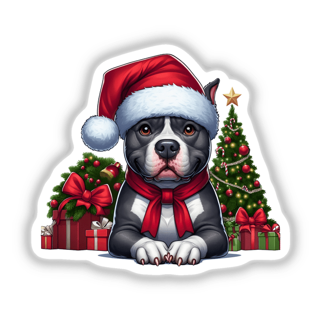 Christmas Scene Santa Pitbull Dog II: A charming pitbull wearing a Santa hat and scarf, surrounded by a festive Christmas scene with presents, available as unique stickers or digital artwork from Decal Venue.