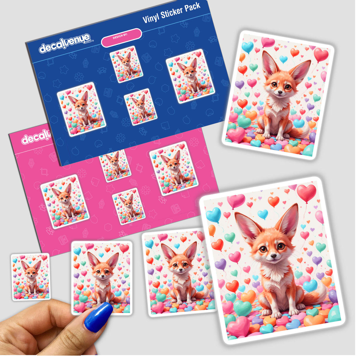 Cute Fennec Fox With Love Hearts: A charming sticker showing a cartoon fox sitting among heart-shaped balloons, reflecting Decal Venue's unique vinyl sticker and digital art collection.