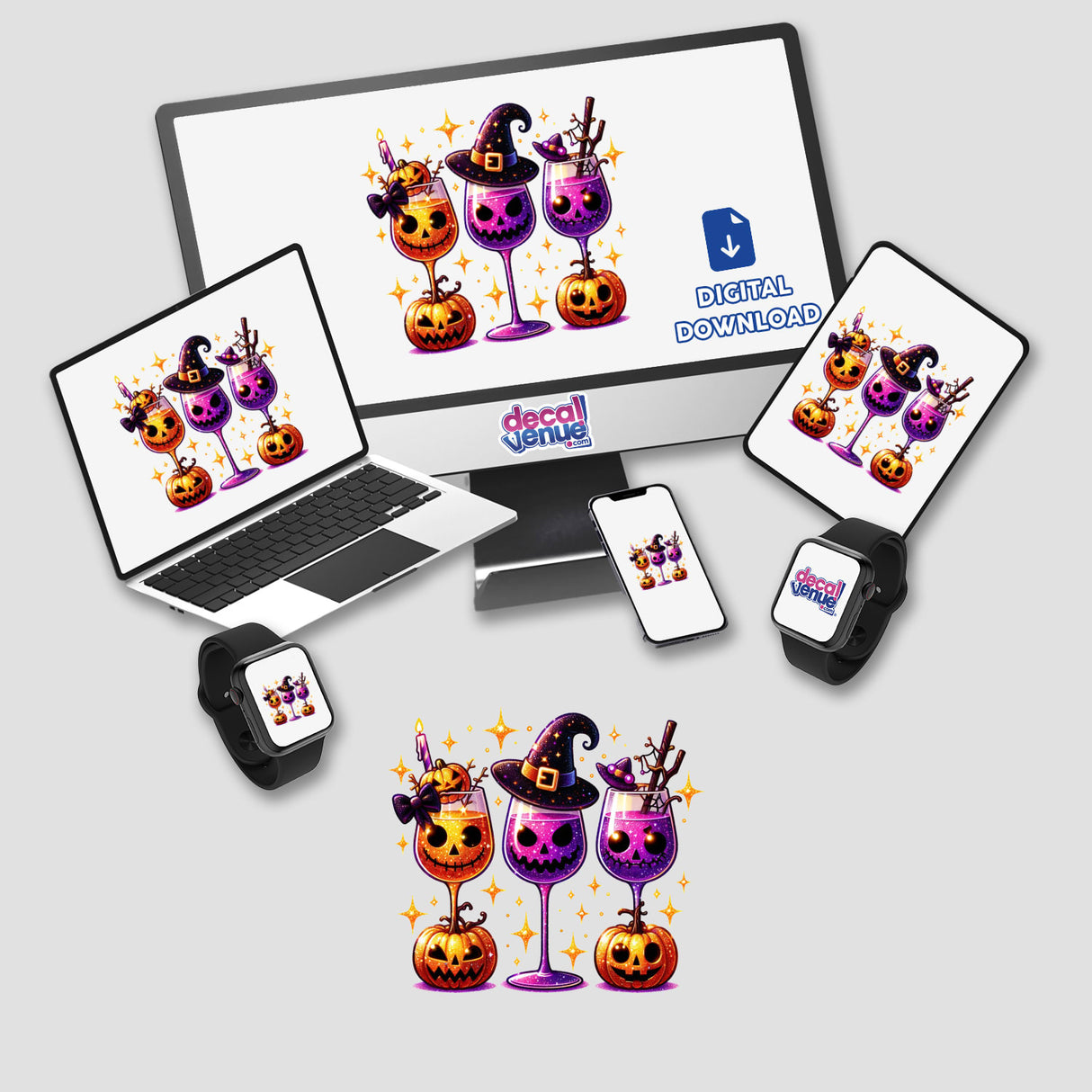 Halloween Wine Glasses stickers or digital artwork displayed on a computer and laptop screen, featuring cartoon Halloween-themed wine glasses and drinks.