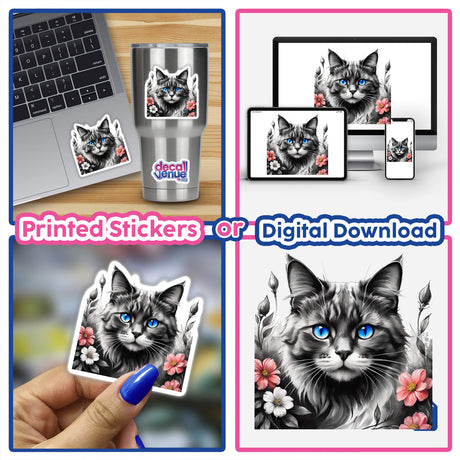 Cat Blue Eyes Floral Accents PA08: Collage featuring stickers and digital artwork of a blue-eyed cat with flowers, including a laptop adorned with the cat sticker and close-ups of the intricate details.