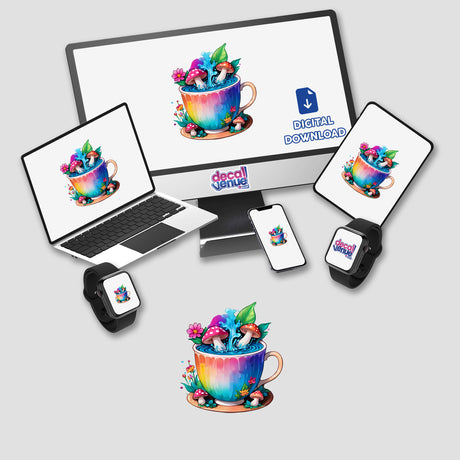 Enchanted Teacup: Filled with Magic Mushrooms depicted on a computer monitor and laptop screen, with the whimsical design available as stickers or digital artwork.