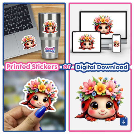 Adorable Ladybug with a Spring Flower Crown featured in various formats, including a collage and stickers, showcasing its playful cartoon design perfect for unique sticker collections or digital artwork.