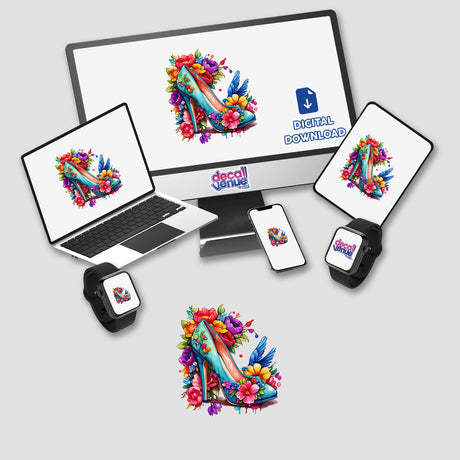 Floral Splash High Heels displayed on various devices, showcasing intricate flower designs, available as stickers or digital artwork.