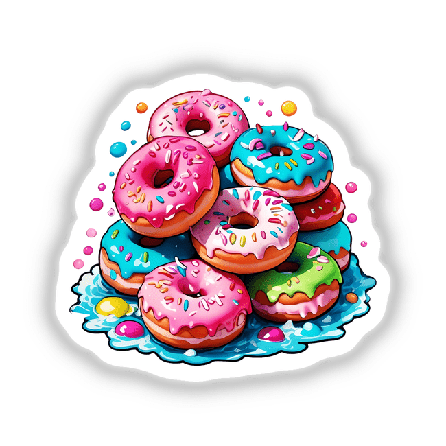 Yummy Pink Confetti Donut Stack: A vibrant pile of donuts with colorful sprinkles, featuring a prominently highlighted pink frosted donut. Available as Stickers or Digital Artwork.