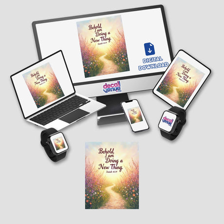 Behold, I Am Doing a New Thing – Isaiah 43:19 – Bible Verse Sticker or Clipart displayed on a computer monitor, laptop, tablet, and phone, showcasing versatile digital artwork options.