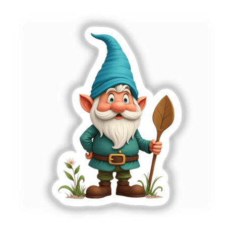 Whimsical Garden Gnome Illustration - Stickers or Commercial Rights Download: A cartoon gnome holding a leaf, perfect for adding a playful touch to your projects.