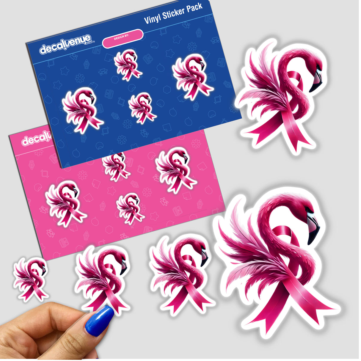 Flamingo Bird Pink Ribbon Breast Cancer stickers featuring pink flamingos with ribbons, perfect for awareness campaigns. Available as stickers or digital artwork from Decal Venue.