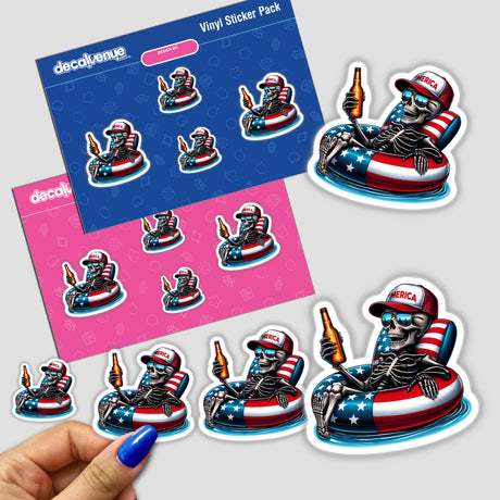 Skeleton American Flag Float Merica sticker pack featuring a skeleton in a pool float holding a beer, perfect for unique decal collections.