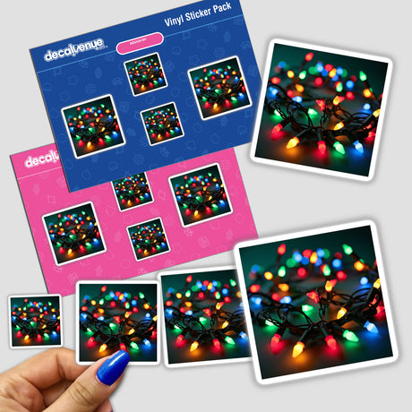 Christmas Lights Envelope Seal Stickers – Bright and Festive Holiday Seals held in a hand, showcasing detailed string light designs perfect for adding a cheerful touch to holiday correspondence or digital projects.