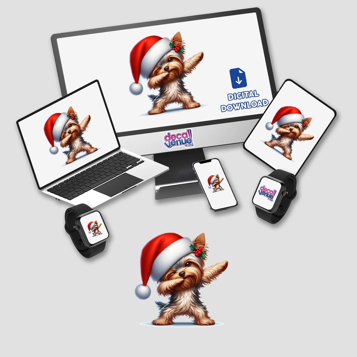 Dabbing Christmas Santa Yorkie Dog I featured on a computer monitor, laptop, tablet, smartphone, and smartwatch, available as stickers or digital artwork from Decal Venue.