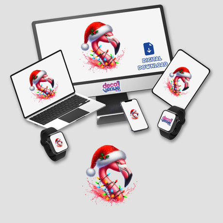 Santa Flamingo in Christmas Lights features a whimsical flamingo wearing a Santa hat adorned with Christmas lights, displayed on various devices, available as stickers or digital artwork.