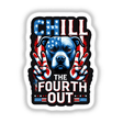 Digital artwork featuring an American flag-inspired Pitbull dog making a peace sign for the "Chill the Fourth Out" design.