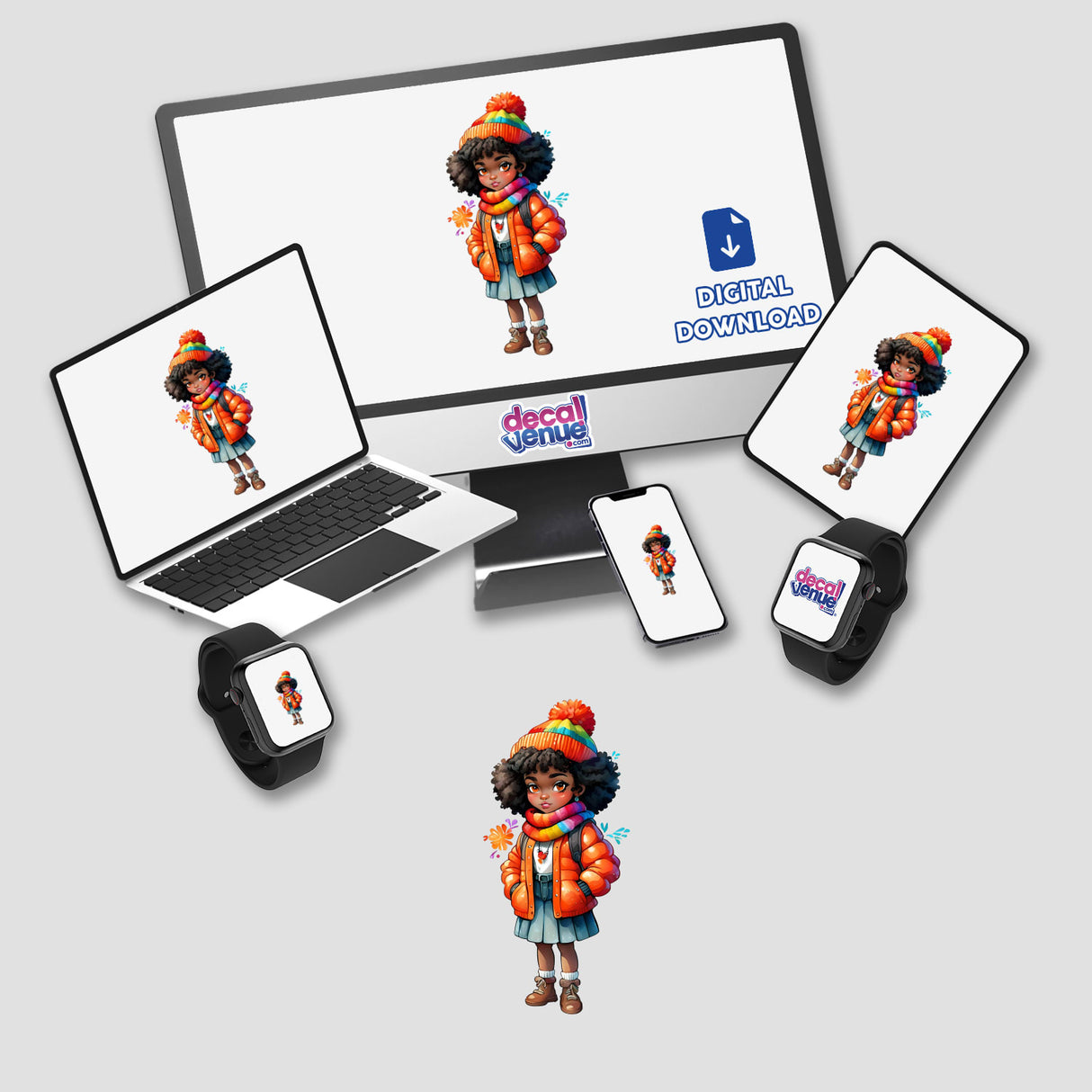 Cozy Winter Sticker featuring an Afro girl in an orange knit hat and scarf, displayed on a computer monitor and laptop screen with cartoon characters. Available as stickers or digital artwork.