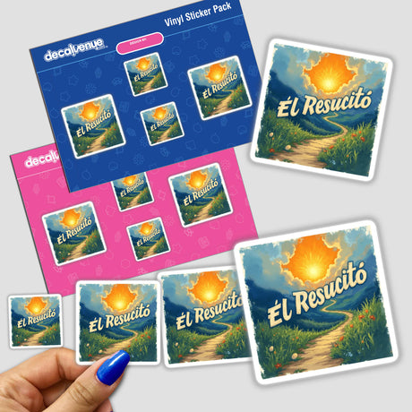 Él Resucitó Mateo 28:6 Sticker or Clipart features a path leading to a sun, symbolizing resurrection. Available as stickers or digital artwork, it embodies Fauvist design, perfect for unique, commercial use.