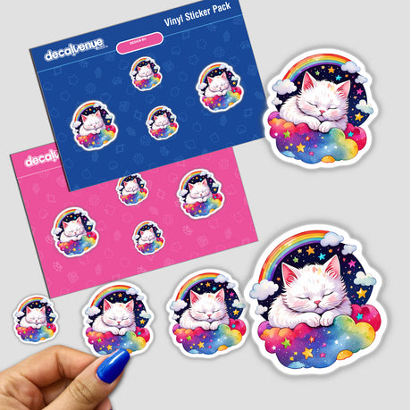 Hand holding Dreamy Cat: Sleeping on a Cloud in the Night Sky with Stars sticker pack, featuring white cat on a cloud with rainbow and stars.