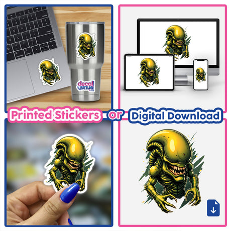 Collage featuring A Cool Xenomorph Alien Warrior in various styles, including a sticker on a laptop and as digital artwork, highlighting its unique, cartoonish alien design.