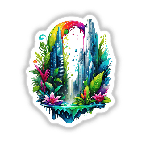 Urban Jungle Skyscrapers Sticker: A colorful illustration of a modern city with vibrant green plants integrated into the architecture. Available as stickers or digital artwork.