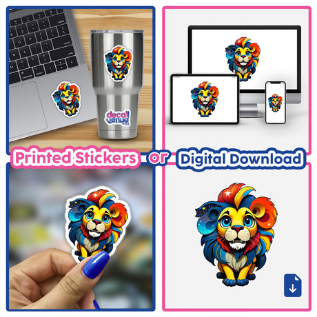 A collage featuring A Cute Little Lion with colorful mane, available as stickers or digital artwork. The lion design is shown on laptops, phones, and held in hand, showcasing versatile use.