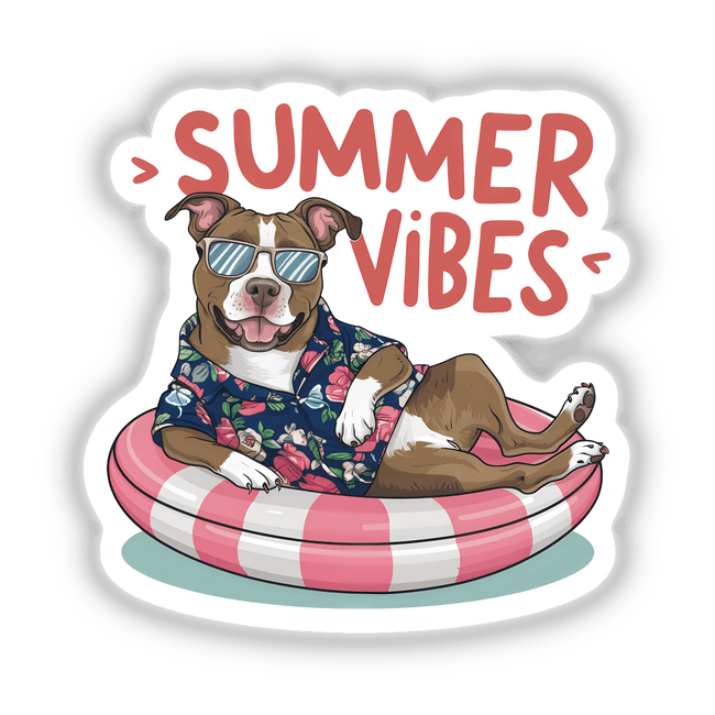 Cheerful pitbull dog wearing tropical shirt and sunglasses, relaxing on pink and white striped pool float, surrounded by "Summer Vibes" text