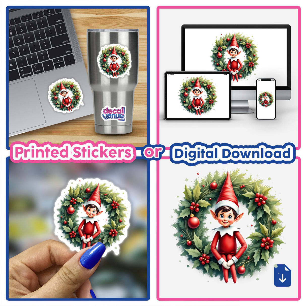 Cheerful Elf in a Christmas Wreath sticker displayed on various surfaces, including a laptop and phone, showcasing its versatility as both a sticker and digital artwork from Decal Venue.