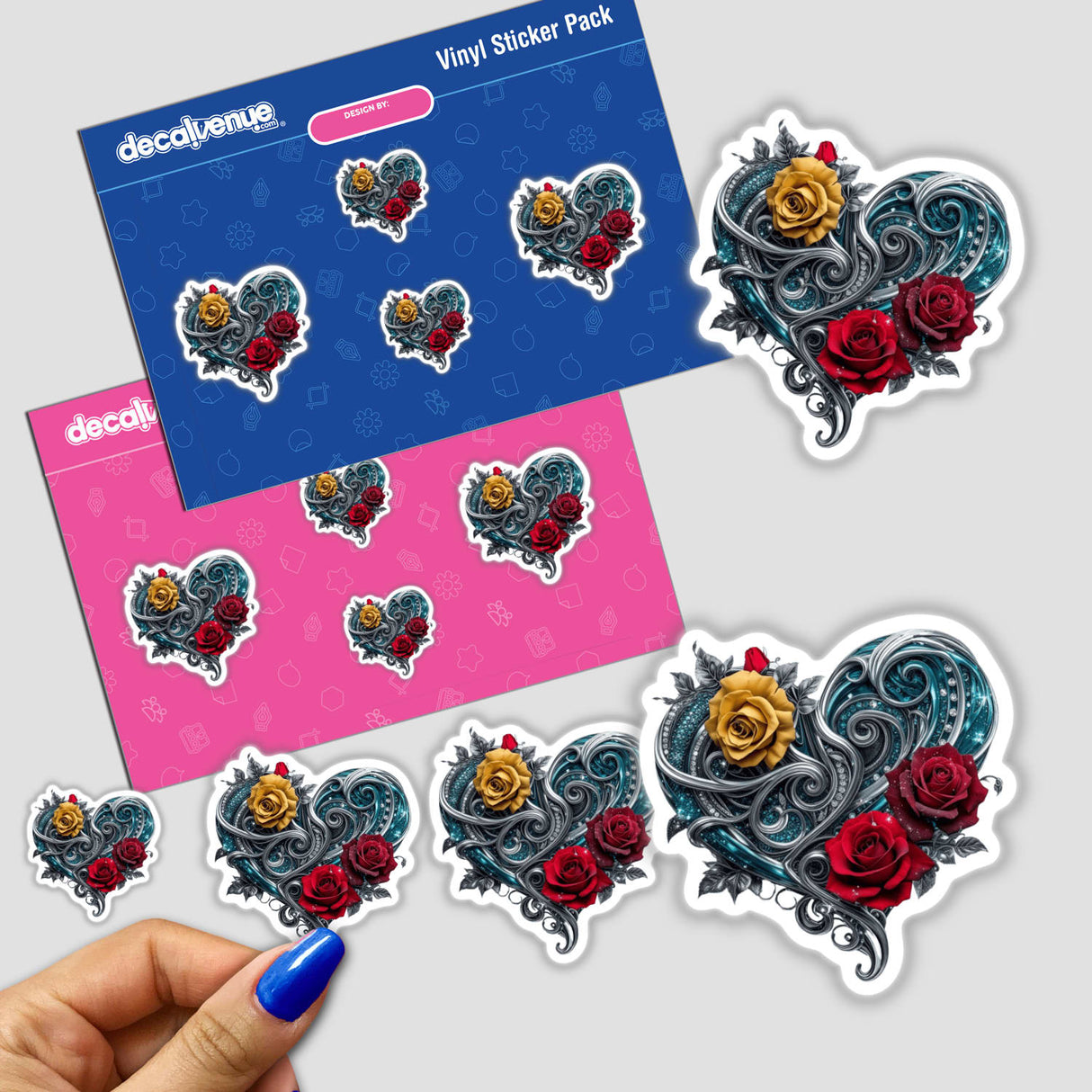 Heart With Silver Swirls, Red And Yellow Roses, and Blue Glitter Accents stickers featuring intricate floral and heart designs, perfect for adding a unique touch to any surface or digital project.