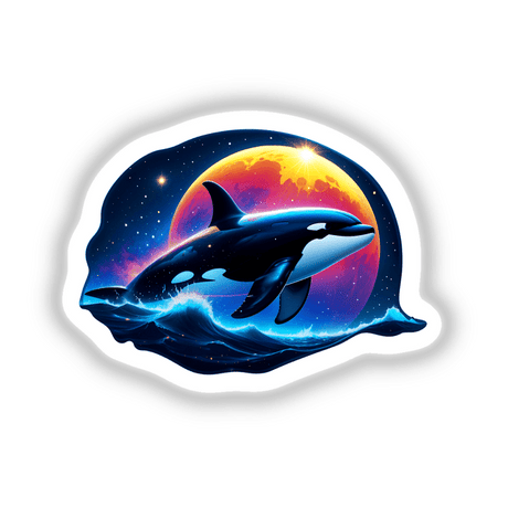 A Cute Magical Orca swimming in a whimsical ocean scene, available as stickers or digital artwork, showcasing the playful and enchanting nature of marine life.