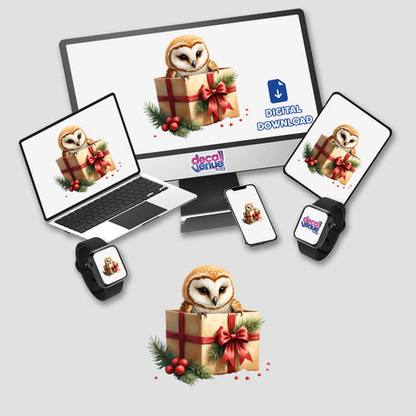 Owl in Christmas Present Box sticker or digital art featuring a cartoon owl nestled in a gift box, ideal for holiday-themed projects from Decal Venue.