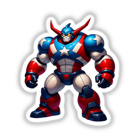 A Cool American Flag Army Robot depicted as a cartoon superhero, available as stickers or digital artwork, showcasing unique vinyl art from Decal Venue.