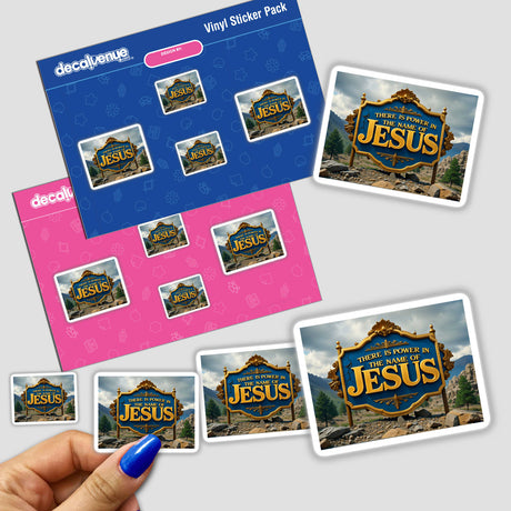 There Is Power In The Name Of Jesus Christian Quote sticker featuring a close-up of a finger with blue nail polish, surrounded by multiple blue and gold signs.