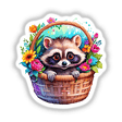 Basket Buddy: Cute Racoon Nestled in a Basket with Flowers, available as stickers or digital artwork, perfect for adding a charming touch to your collection.