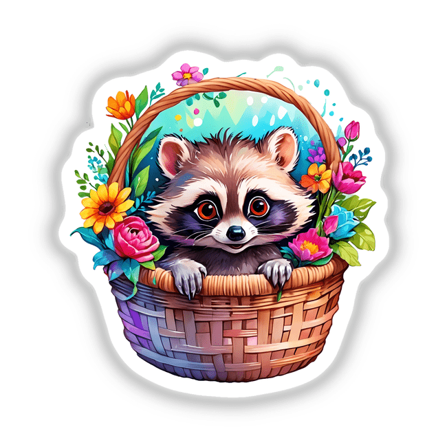 Basket Buddy: Cute Racoon Nestled in a Basket with Flowers, available as stickers or digital artwork, perfect for adding a charming touch to your collection.