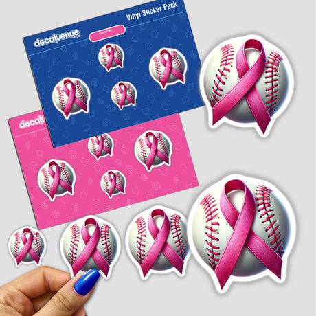 Baseball Ball Pink Ribbon Breast Cancer sticker featuring a close-up of a baseball adorned with a pink ribbon, symbolizing breast cancer awareness. Available as stickers or digital artwork.