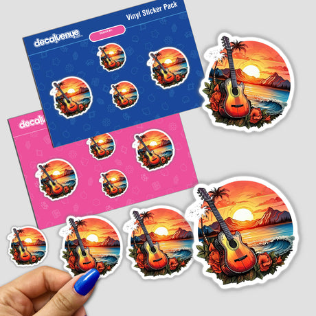 Sunset guitar - Vibrant digital artwork featuring guitars, palm trees, and a beautiful sunset on the beach, perfect for adding unique style with stickers from Decal Venue.