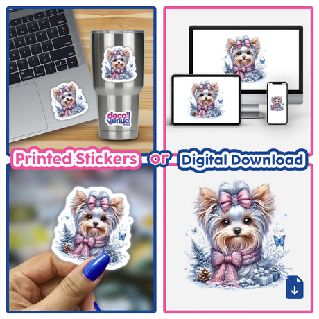 Collage of a laptop with a Pastel Watercolor Winter Yorkie Dog sticker, featuring the dog wearing a bow and scarf. Available as stickers or digital artwork.