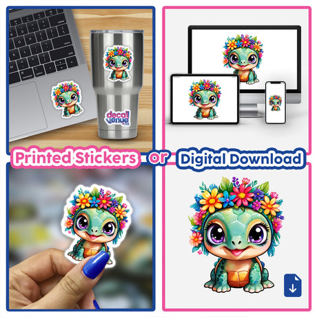 Flower Crowned Turtle: Cute Baby Turtle with Floral Splash depicted as a cartoon turtle adorned with flowers on its head, available as stickers or digital artwork.