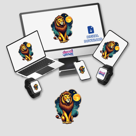 Cool Lion With A Starry Night depicted on various screens, showcasing a lion sitting in front of a full moon. Available as stickers or digital artwork, reflecting Decal Venue's unique offerings.