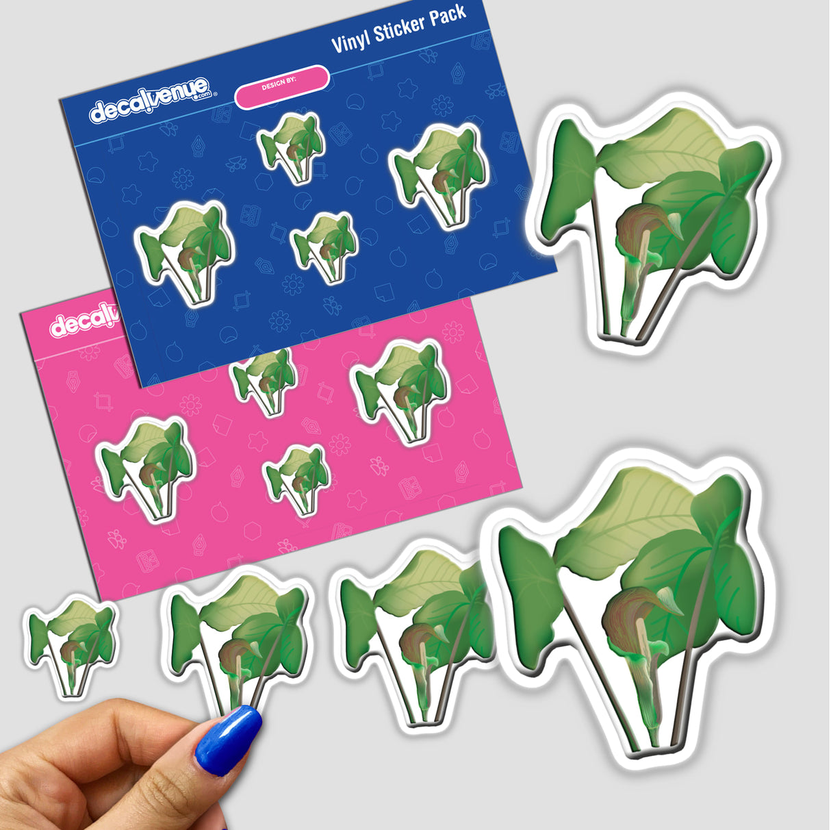 American Wild Flowers stickers featuring green leaves design, shown with a close-up of fingers holding the art piece, available as both stickers and digital artwork.