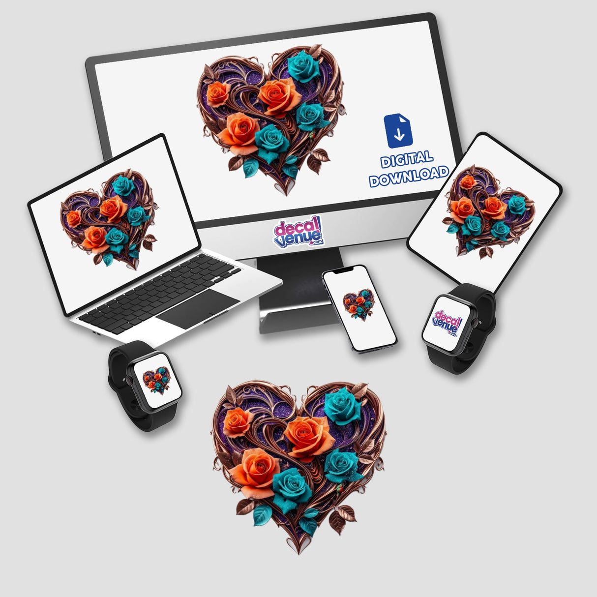 Heart-Shaped Ornament with Copper Swirls, Orange and Teal Roses, and Purple Glitter Accents displayed on a monitor and laptop screen, showcasing its vibrant digital artwork and sticker design.