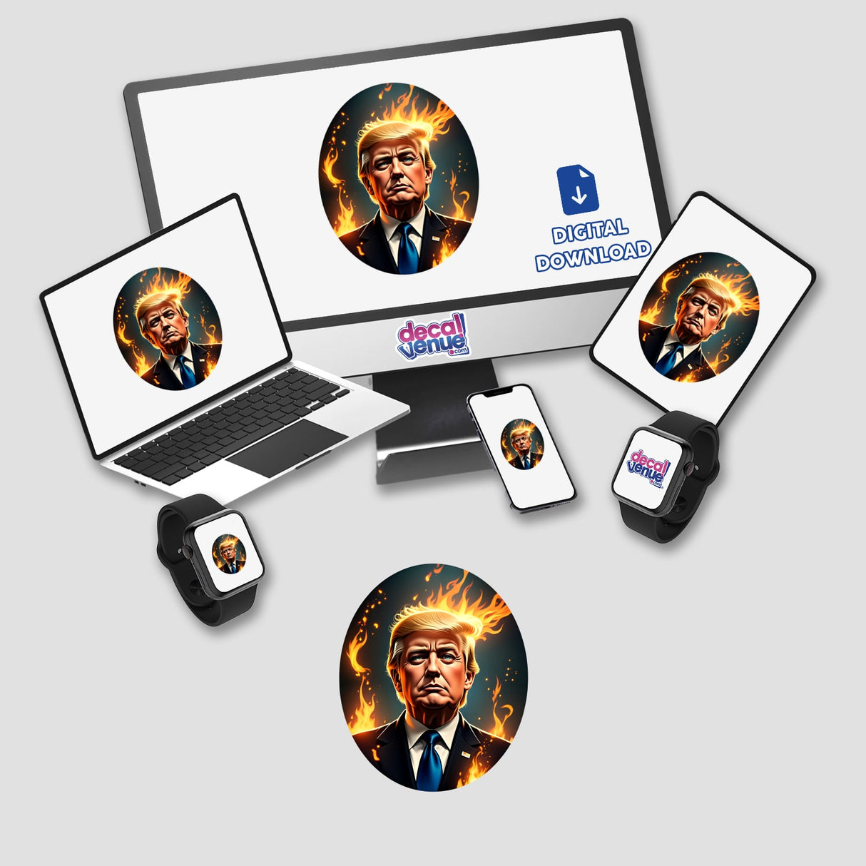 President Donald Trump digital artwork and sticker featuring a cartoon depiction of him in a suit with flames around his head, displayed on a computer monitor and laptop.