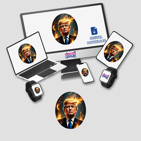 President Donald Trump digital artwork and sticker featuring a cartoon depiction of him in a suit with flames around his head, displayed on a computer monitor and laptop.