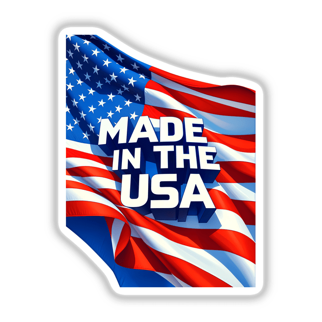 Made In The USA American Flag design featuring bold text, available as a sticker or digital artwork from Decal Venue, specializing in unique stickers and digital art.