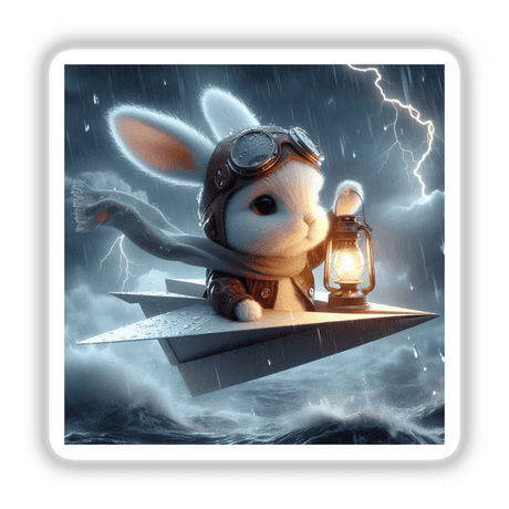 Snowflake, The Paper Aviator: A whimsical sticker or digital artwork featuring a cartoon rabbit wearing a pilot hat and goggles, playfully perched on a paper plane held by a hand.