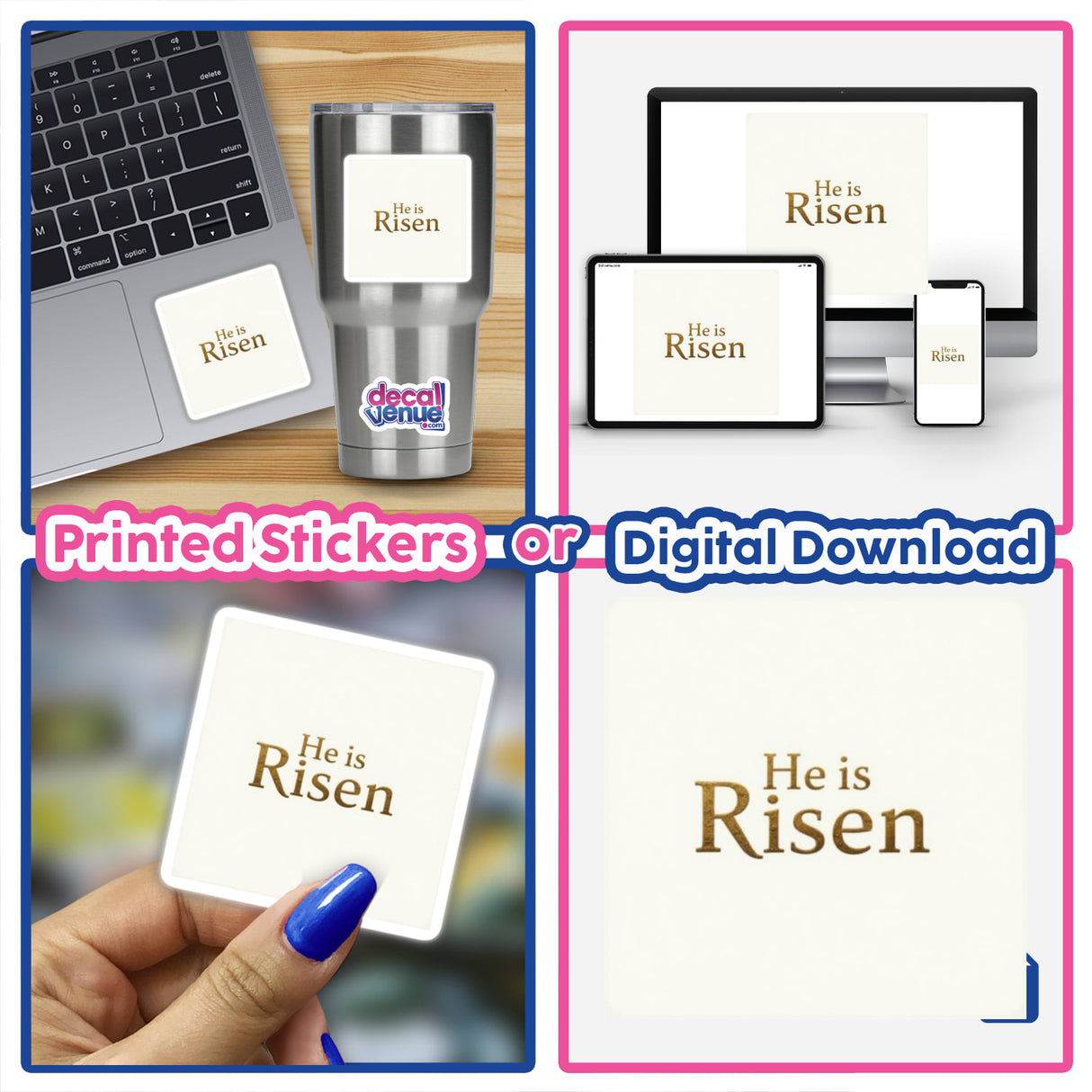 Christian Easter Sticker or Clipart featuring He Is Risen design, shown in a digital collage with laptops and phones, highlighting its use as stickers or digital artwork.