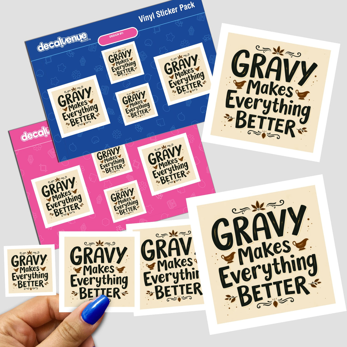 Hand holding a Gravy Makes Everything Better Thanksgiving Sticker or Clipart, available with commercial rights, showcasing colorful text and design elements.