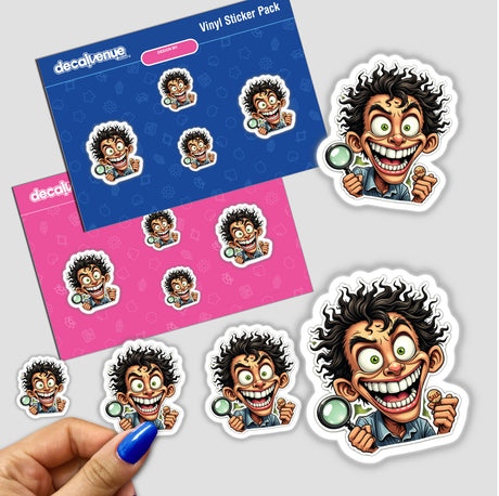 Pesquisador Doido sticker sheet featuring multiple cartoon characters, including a detective holding a magnifying glass. Available as stickers or digital artwork.