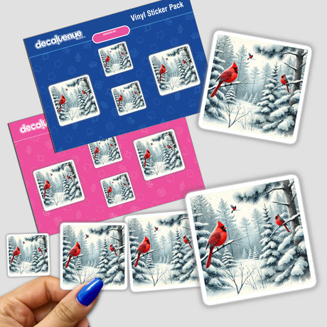 Hand holding Winter Wonderland - Forest of Snowy Pines and Red Cardinals sticker pack, featuring detailed red birds on branches amidst snowy pine trees.